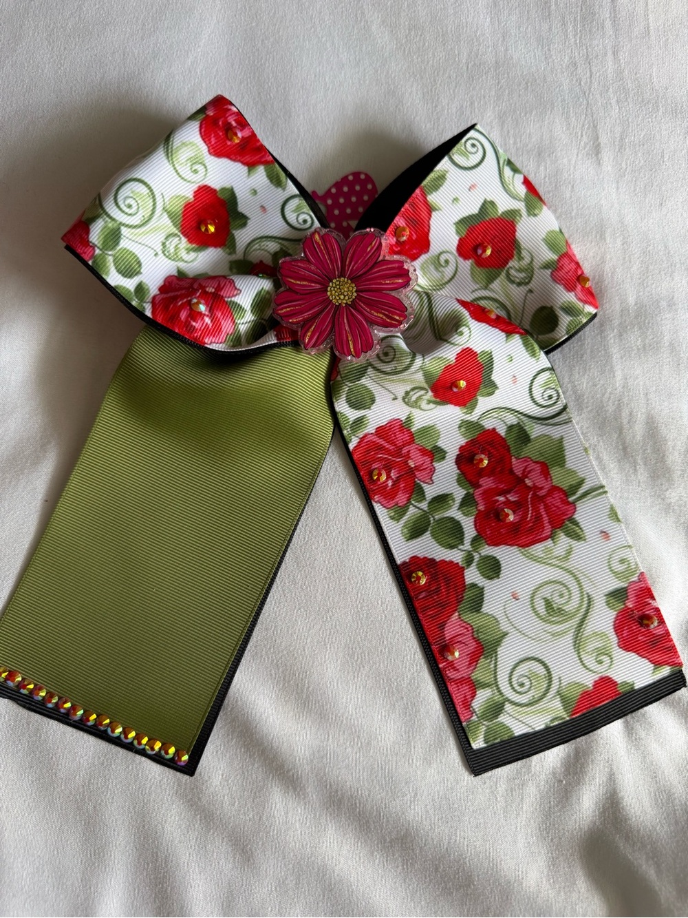 Floral Red & Green Ribbon Hair Bow with Flower Center
